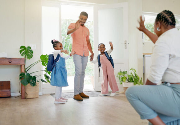 Black family, mother and wave at kids going to school with love, care or affection. Goodbye, parents and girls leaving house for kindergarten, learning or education in the morning with father in home