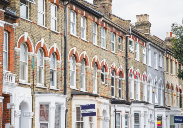 Estate agent signs displayed outside terraced houses in harringay ladder area, london, england